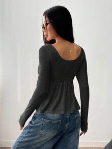 SHEIN EZwear 女式简约休闲深灰色长袖方领T恤，秋季 - 深灰色 - 查看 2