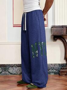 SWAVVY Quần nỉ cạp rút in chữ đa năng thường ngày cho nam - Màu xanh hải quân - Xem 1