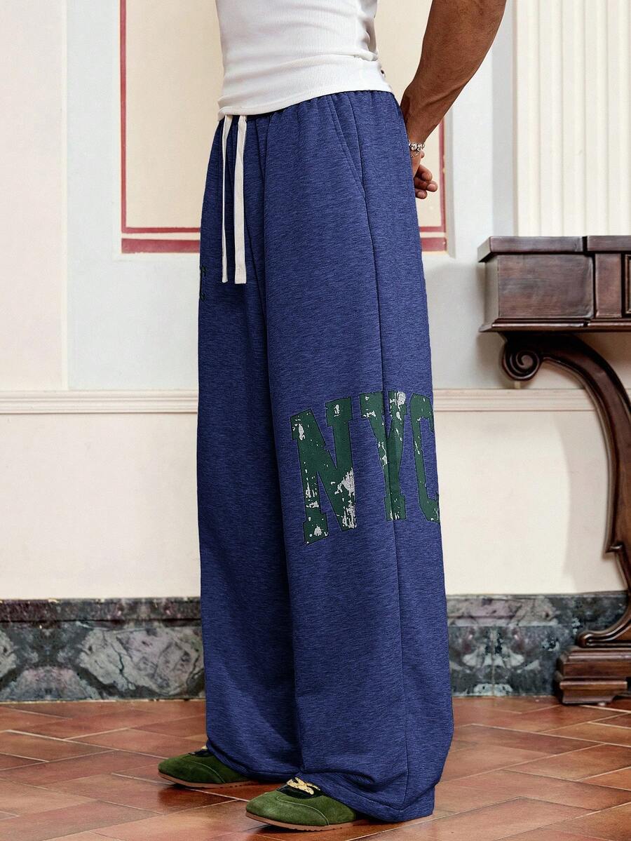 SWAVVY Quần nỉ cạp rút in chữ đa năng thường ngày cho nam - Màu xanh hải quân - Xem 1