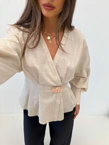 Siren Gaze Stylish Metallic Pleated Elegant Fitted Cotton Blouse For Women, 100% Cotton Fitted A-Line Long Sleeve Blouse. Winter Spring - Apricot - View 7