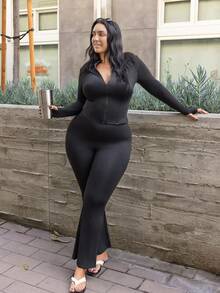 Truni Plus Size Casual Lightweight Yoga Jacket And Flare Pants 2 Pieces Set