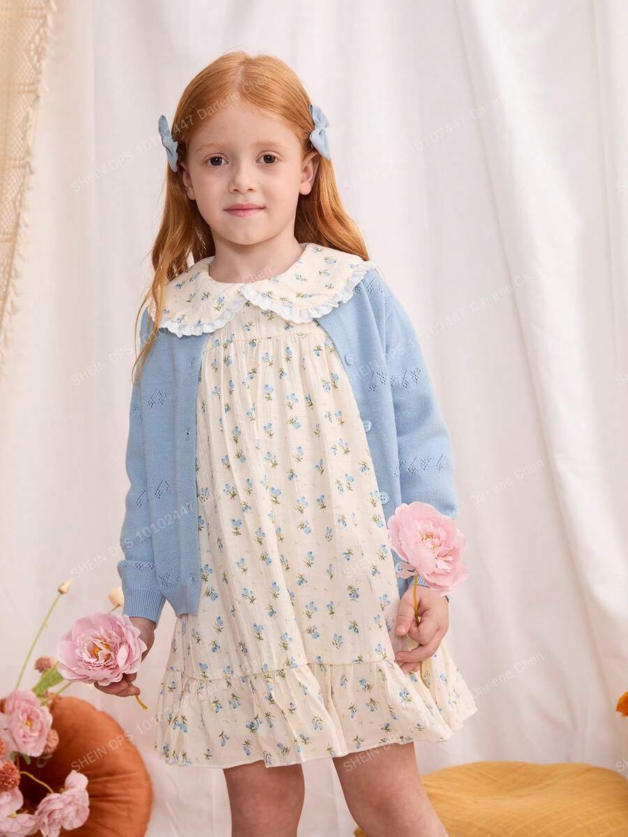 Blossori Young Girls' French Elegant Front Button Round Neck Long Sleeve Knit Cardigan Autumn Winter Clothes ForGirln