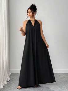 SHEIN Tall CURVE Never Out Of Style, Kooky Elegance Collection (Woe Is Me Vibes)(Wednesday Aesthetic) Plus Size Women Woven Casual Halter Loose Black Dress For Tall