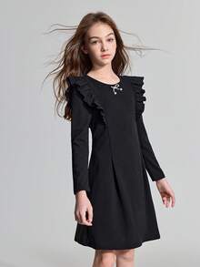 Maija Kids Maija Kids Vestido de manga larga con cuello redondo, decoración de volantes y lazo negro para niña preadolescente - Negro - Ver 3