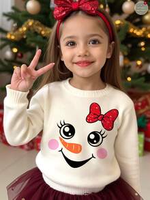 SHEIN 圣诞快乐！少女休闲可爱圣诞趣味雪人图案奶油白色圆领舒适日常长袖毛衣，适合秋冬 - 白色 - 查看 2