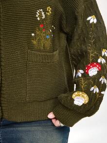 ROMWE Áo khoác cardigan thêu hoa nấm nhiều màu Mori Kei Fairycore cỡ lớn, Áo len cardigan dệt kim cỡ lớn cho nữ mùa thu/đông, Áo len dài tay cỡ lớn - Màu xanh lá cây đậm - Xem 4
