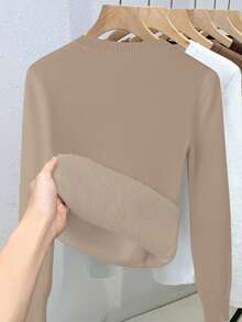 Franclia 女士休闲纯色V领长袖套头毛衣，带保暖内衬，秋冬季 - 卡其色 - 查看 2