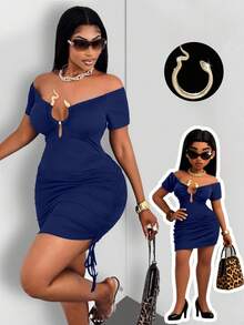 Maweii Plus Size Women Metal Snake Skin Print Asymmetric Hem Side Ruched Tie Waist Dress - Blue - View 6