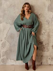 Roveilla Plus Size Women's Elegant French Style Luxury Minimalist High-End Casual, Party, Work, Vacation Comfortable Solid Color Crinkle Fabric V-Neck Cinched Waist A-Line Long Sleeve Maxi Dress Lantern Sleeve Dress Thanksgiving Plus Size Plus Size Christmas Linen Maxi Dress Sage Dress Green Maxi Dress Women Teal Maxi Long Sleeve Dress Long Casual Dress Long Sleeve Summer Dresses - Army Green - View 5