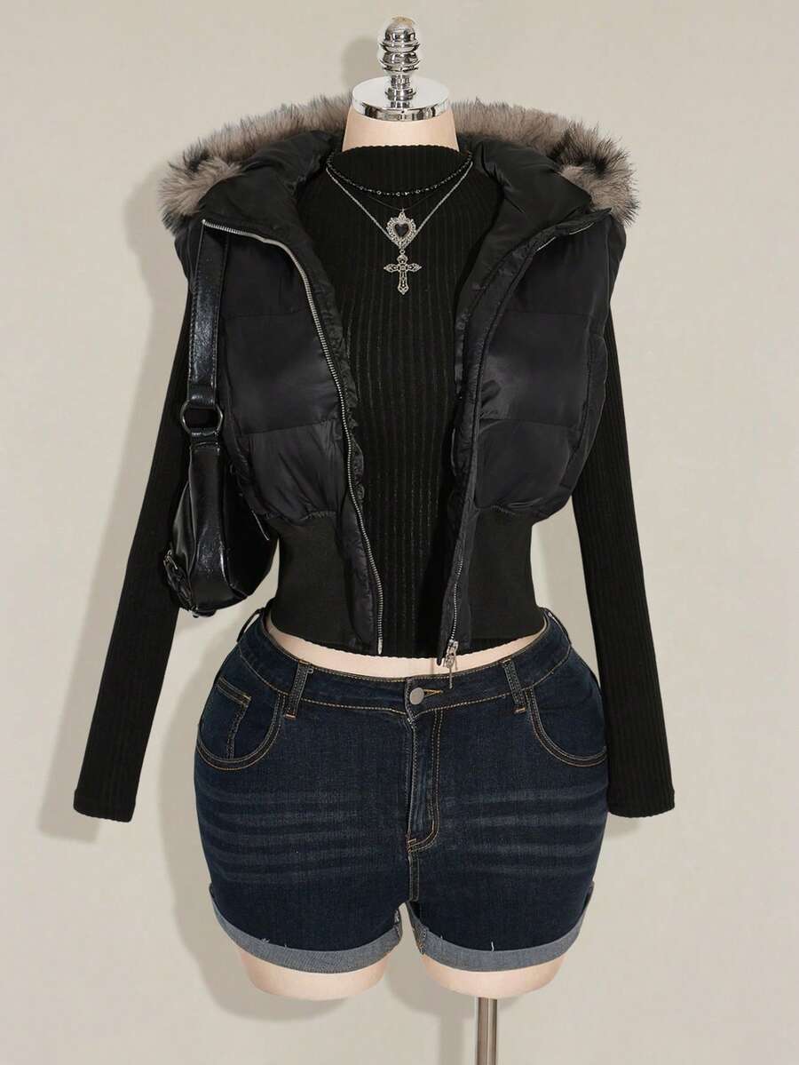 SHEIN ICON 大码拉链毛绒装饰连帽短款羽绒大衣黑色 - 白色 - 查看 1
