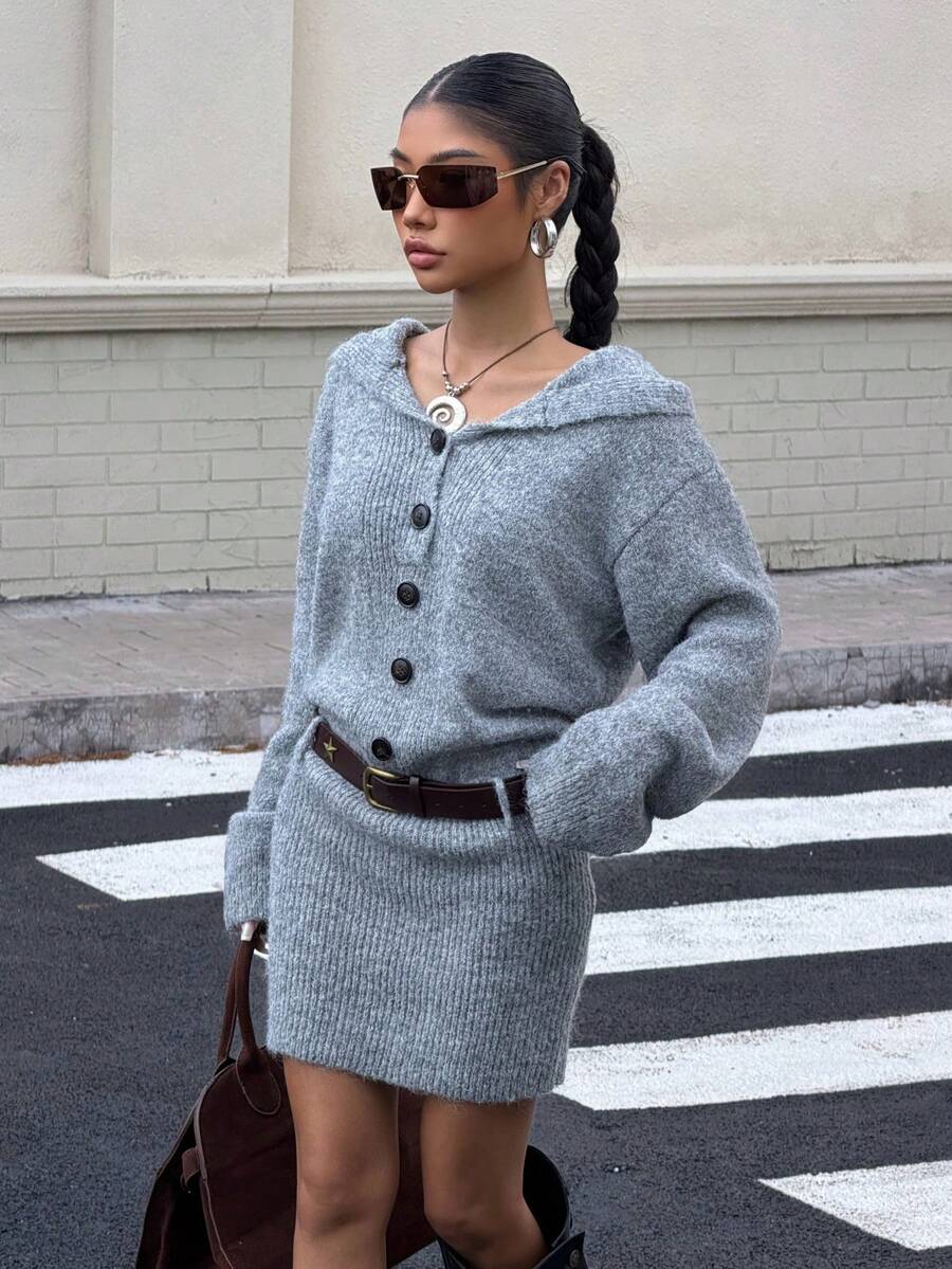 Muchica 女式纯色落肩长袖连帽纽扣设计针织连衣裙，秋冬 - 灰色 - 查看 1