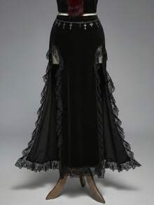 ROMWE Goth 哥特式性感高开叉蕾丝拼接天鹅绒女式半身裙 - 黑色 - 查看 7