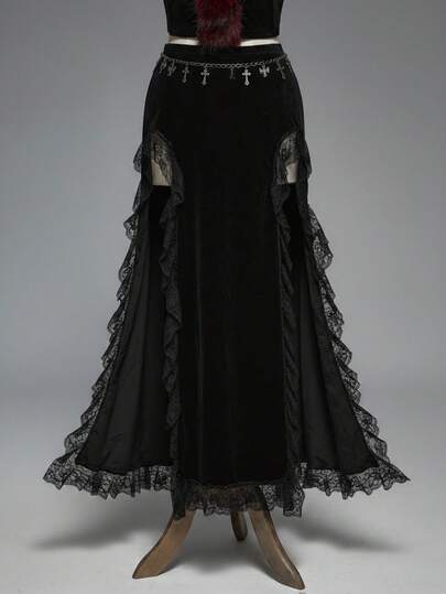 Goth Gothic Style Sexy High Slit Lace Patchwork Velvet Women's Skirt
