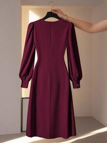 Franclia 女式纯色圆领荷叶边长袖优雅连衣裙 - 酒紅色 - 查看 2