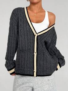 SHEIN Sports Loose Fit V-Neck Contrast Color Button Front Long Sleeve Dropped Shoulder Knit Cardigan Sweater Cardigan For Women - Grey - View 1
