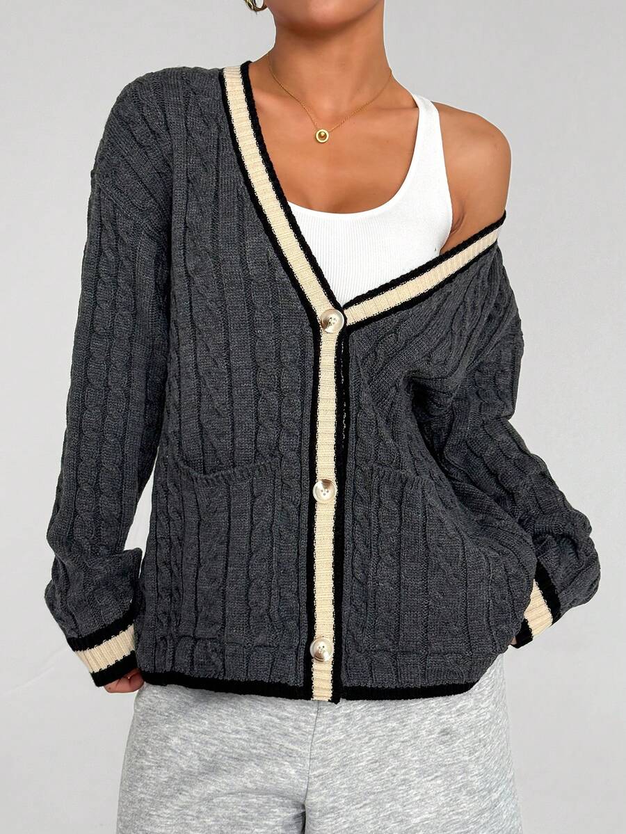 SHEIN Sports Loose Fit V-Neck Contrast Color Button Front Long Sleeve Dropped Shoulder Knit Cardigan Sweater Cardigan For Women - Grey - View 1