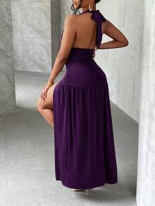 Slaydiva Đầm dài chữ A hở vai cổ chữ V sâu thanh lịch lãng mạn gợi cảm dự tiệc - W - Màu tím - Xem 2