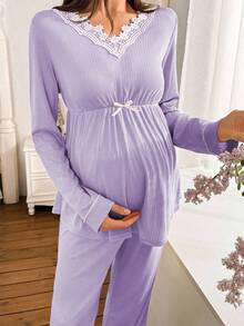 Moonlight&Mama 2pcs Maternity Contrast Embroidery Trim V-Neck Elastic Waist Casual Long Sleeve Top And Pants Pajama Set, Fall & Winter - Purple - View 4