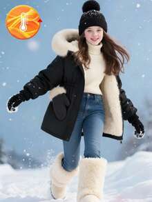 SHEIN Girls' Mid-Length Hooded Casual Pocket Faux Fur Solid Color Fleece Jacket, Winter