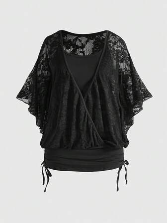 Goth Plus Size Lace Trim Ruffle Hem Mini Dress