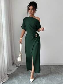 Elenzga Women's Elegant Solid Color Asymmetrical Shoulder Long Dress - Dark Green - View 6