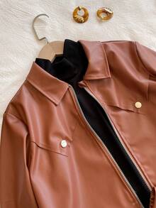 Tween Girls' Chic Faux Leather Jacket & Turtleneck Top & Pleated A-Line Skirt 3 Pieces Outfit, Stylish And For Spring/Autumn Daily Wear Or Gatherings - Brown - View 4