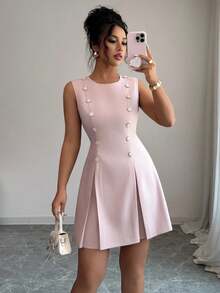 Elenzga 圆领束腰公主线水钻装饰复古法式优雅系带腰部纽扣高端短款迷你裙，适合毕业、派对、约会、通勤，百搭 - 粉色 - 查看 6