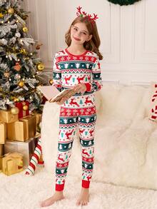 SHEIN 青少年女孩休闲时尚百搭针织圆领可爱卡通印花 T 恤和格子紧身裤睡衣套装，圣诞节搭配家庭家居服 - 彩色 - 查看 7