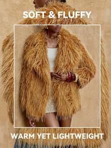SHEIN Privé VITNOS 新款秋冬高端女士纯色长袖翻领宽松仿皮草外套，70年代时尚流苏外套，70年代女士仿皮草长款外套，适合秋季、冬季、外出、优雅、正式、派对、时尚、新年、女士冬季外套、圣诞节、工作、毕业典礼、婚礼、奢华舞会等场合。 - 橘色 - 查看 5