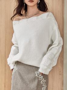 Dazy-Less Jersey de punto con hombros descubiertos, casual y de moda para otoño/invierno - Blanco - Ver 5