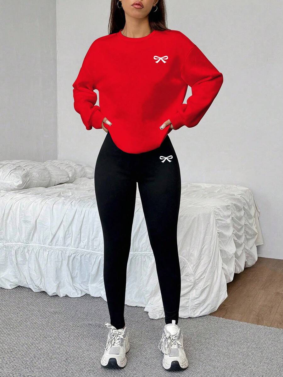 SHEIN EZwear 2 pièces/Set sweat-shirt ample décontracté col rond rose et leggings skinny, logo nœud, streetwear, vintage, retour à l'école, rétro, tenues décontractées d'automne et d'hiver pour femmes, vêtements scolaires, campagne, hip-hop, streetwear, sports, fitness, gym - Multicolore - Voir 1