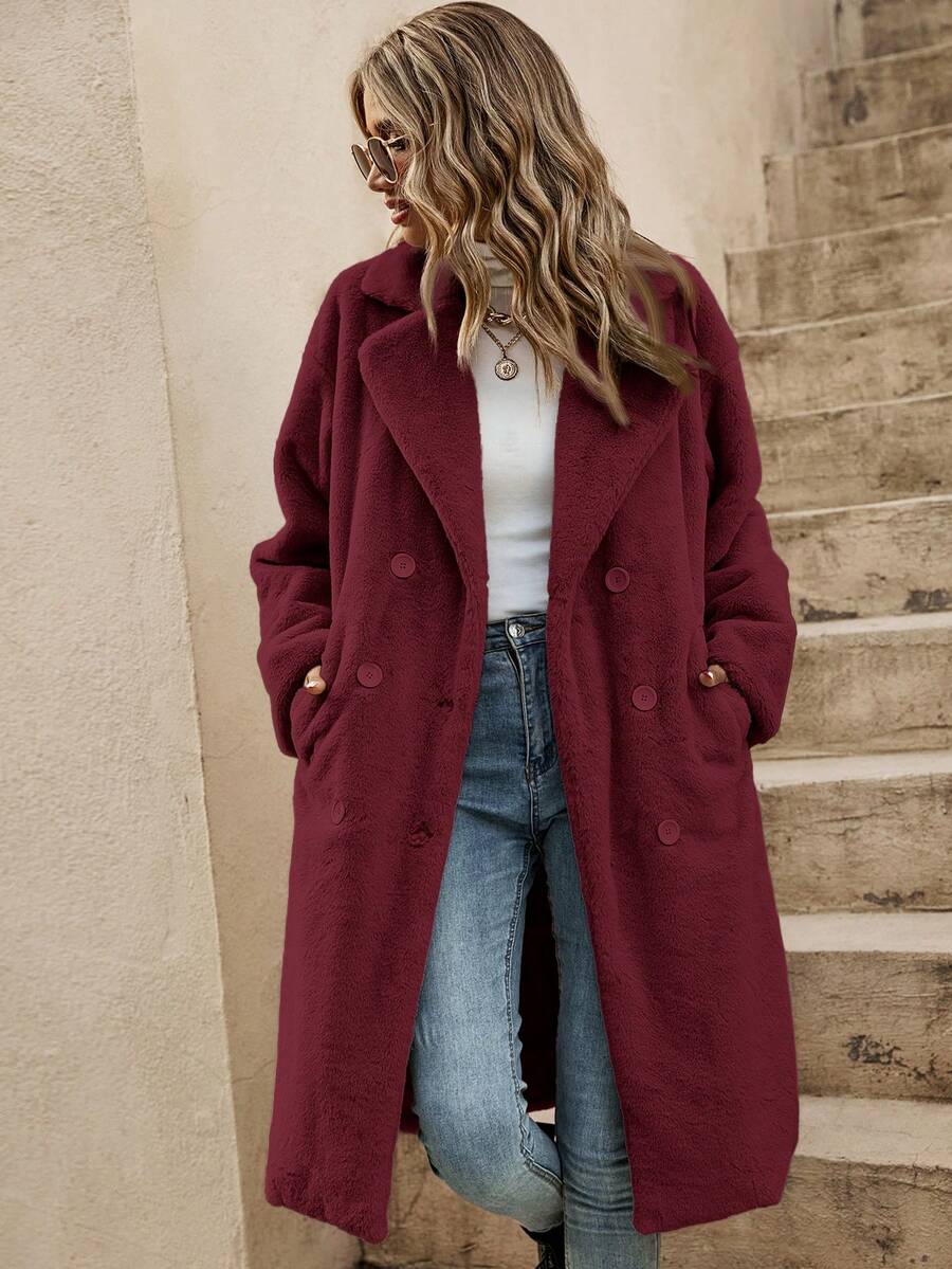 SHEIN Frenchy 秋冬落肩双排扣泰迪熊大衣 - 紅色 - 查看 1