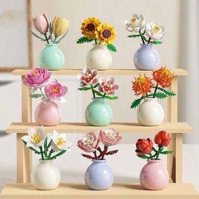 POKOJA LAND 1pc/846pcs Hoa giả vĩnh cửu Cây mọng nước Bó hoa thủ công DIY Hoa loa kèn/Hoa cúc/Hoa hồng/Hoa dâm bụt/Hoa mẫu đơn/Hoa hướng dương/Hoa tulip/Hoa dành dành Khối lắp ráp 3D Mô hình trang trí nhà Đồ trang trí để bàn, Quà tặng Ngày của Mẹ/Sinh nhật