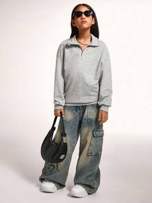 Radiana Tween Girl Casual Basic Half-Zip High Neck Heather Gray Sweatshirt,In Fall/Winter - Grey - View 2