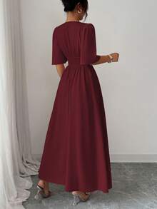 Elenzga New Women's Collared Waist Pleated Chiffon Patchwork Ruffle Sleeve Design Casual Vacation Everyday Versatile Elegant Dress - Burgundy - View 2