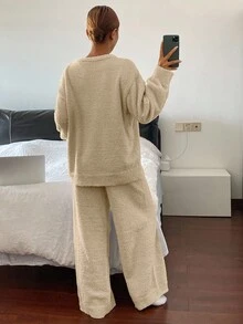 DAZY 2件套冰淇淋印花抓绒针织宽松蓬松睡衣套装，女士秋冬舒适保暖服