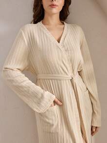 Ocili Plus Size Women's Solid Color Minimalist Long Sleeve Robe, Everyday Wear, Winter - Apricot - View 6