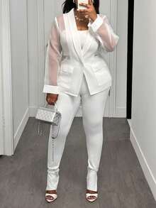 Slaydiva Noutăți Toamnă/Iarnă 2025 Haine pentru femei, Costume de Halloween pentru festivaluri de muzică, Rochii de ziua de naștere, Ținute casual de bază, Timp liber, Călătorii în croazieră, Plajă, Baie de soare, Hituri virale, Streetwear, Punk, Club, Blazer alb transparent din organza, model patchwork, cu pantaloni evazați mulați, Ținute de club sexy transparente, Seturi de lounge mărime mare