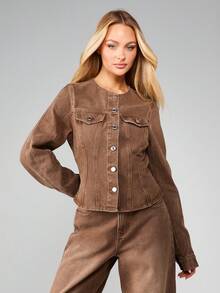 MISSGUIDED Curved Sleeve Collarless Peplum Hem Denim Jacket Button Front Fitted Outerwear Fall Winter Fashion - Coffee Brown - View 1
