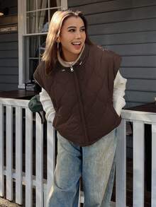 DAZY 2-In-1 Patchwork Faux Fur Lining Padded Vest, Short Style Women Padded Coat - Brown - View 3