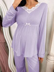 Moonlight&Mama 2pcs Maternity Contrast Embroidery Trim V-Neck Elastic Waist Casual Long Sleeve Top And Pants Pajama Set, Fall & Winter - Purple - View 6