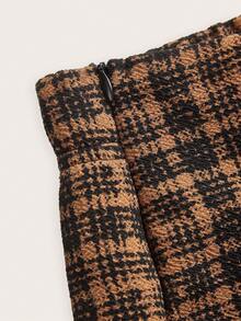 SHEIN Tall 复古格子都市通勤高腰阔腿裤，优雅格纹粗花呢 - 棕色 - 查看 3