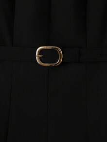 GlowEve 女士优雅通勤连衣裙，巧克力棕色方领，3D褶裥，金属扣腰带，收腰设计，A字版型，鱼尾下摆 - 黑色 - 查看 5