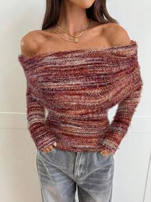 Aloruh 女式性感优雅露肩褶饰修身长袖针织T恤 - 酒紅色 - 查看 4