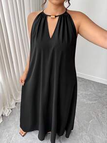 SHEIN Tall CURVE Never Out Of Style, Kooky Elegance Collection (Woe Is Me Vibes)(Wednesday Aesthetic) Plus Size Women Woven Casual Halter Loose Black Dress For Tall