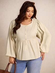 Elaquor Plus Size Casual Minimalist Basic Versatile College Style Solid Color Ruffle Patchwork Loose Blouse For Women - Apricot - View 3