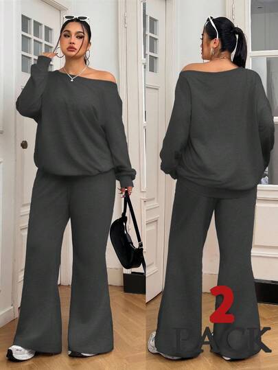 Solflare 2pcs Plus Size Dark Grey Asymmetrical Shoulder Top And Pants Set/Winter