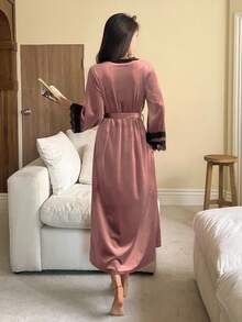 DAZY Women's Velvet & Lace Patchwork Robe, Winter - Dusty Pink - View 2