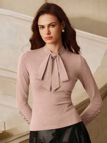 Anewsta 女士优雅亮片粉色毛衣，饰有蝴蝶结和水钻，长袖，适合圣诞节、新年、感恩节、秋冬季穿着。 - 粉色 - 查看 5