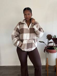 Tyla Gomez Buffalo Plaid Print Half Zip Drop Shoulder Teddy Sweatshirt,Long Sleeve Tops In Fall/Winter - Multicolor - View 6